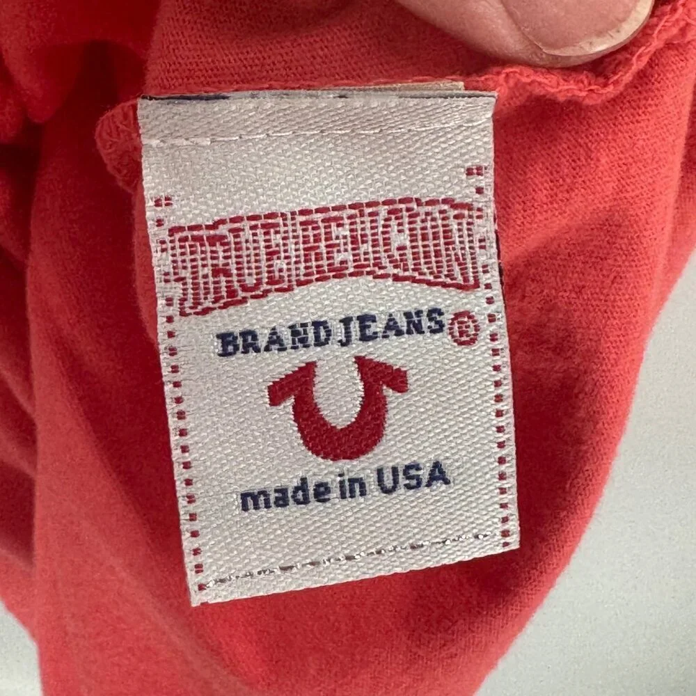 True Religion Red Puff Logo T-Shirt Mens 2XL Made In USA Graphic Buddha Design